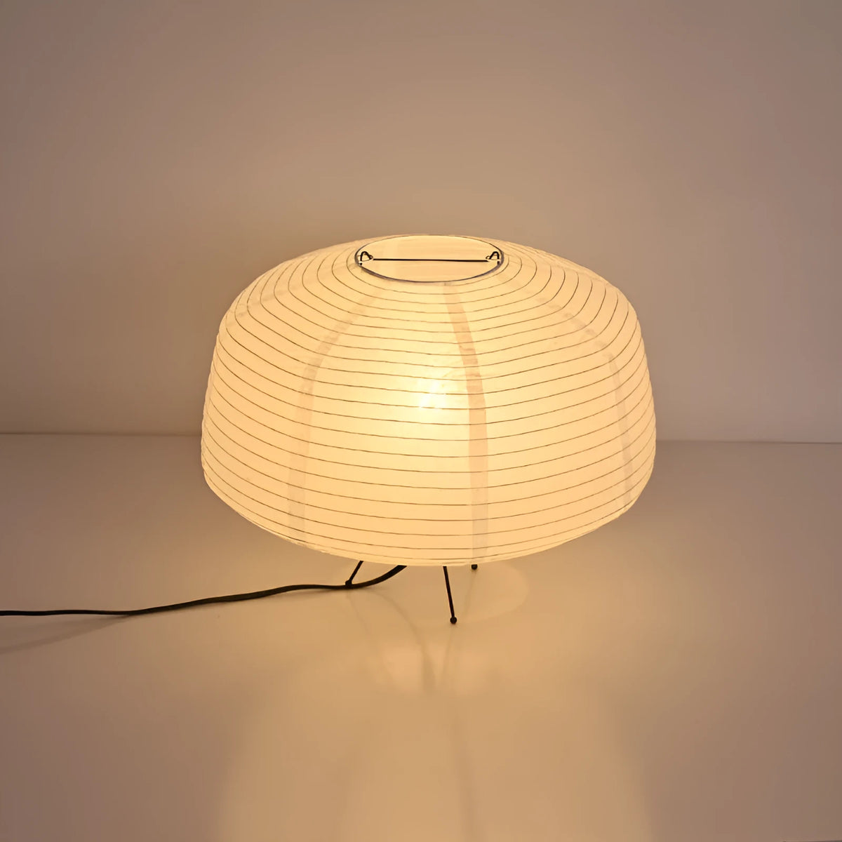 Japanese style Xuan paper table lamp, D39 x H32 cm, with three-colour light source, on a desk.