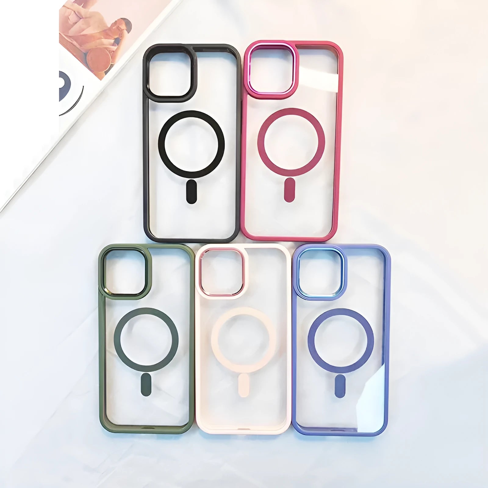 Magnetic transparent silicone phone case on an iPhone, showing colour options like green and red.