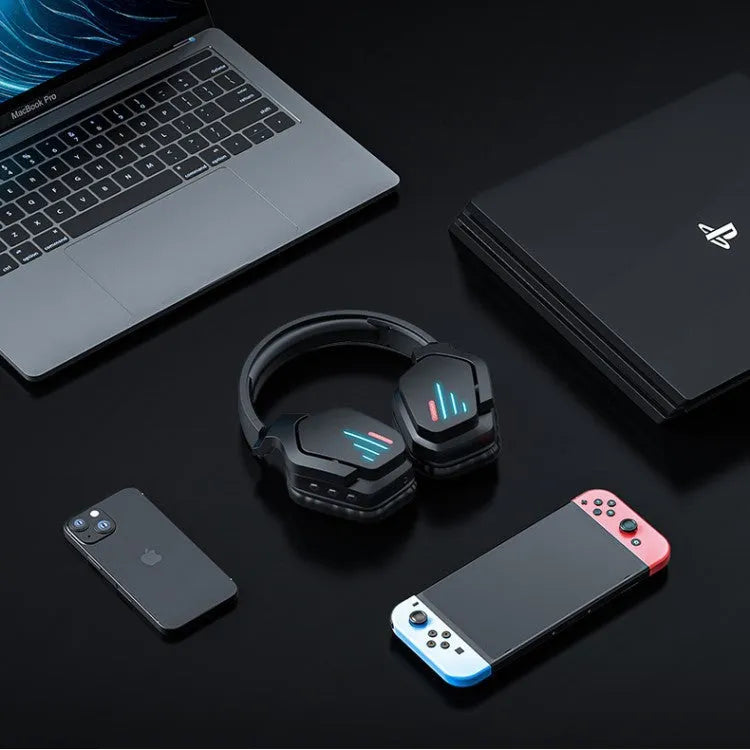 Luminous black wireless gaming headphones with LED lighting showing head-mounted design