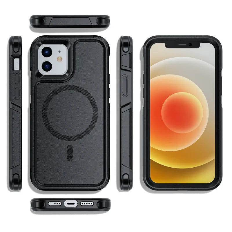 Black shatterproof magnetic phone case for iPhone 12 and 13 series with PC+TPU construction