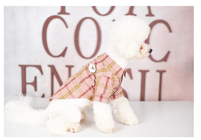 Pet shirt in soft cotton with two feet design, available in blue, red, and rice brown for dogs and cats