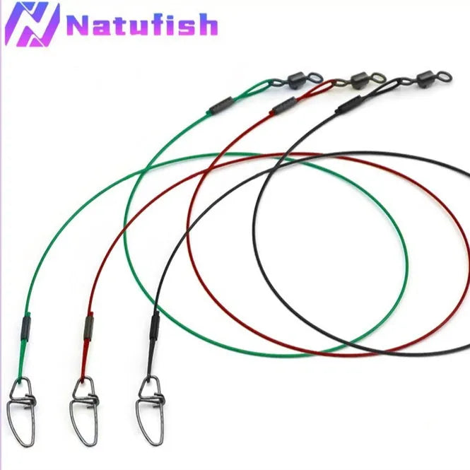 Ten green steel wire double buckle fishing pins laid out, each measuring 54 cm in length.