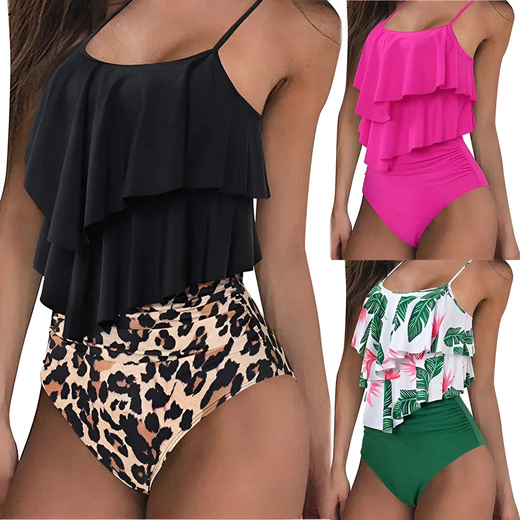 Ruffled bikini swimsuit in polyester with colour options black green rose red sizes S M L XL