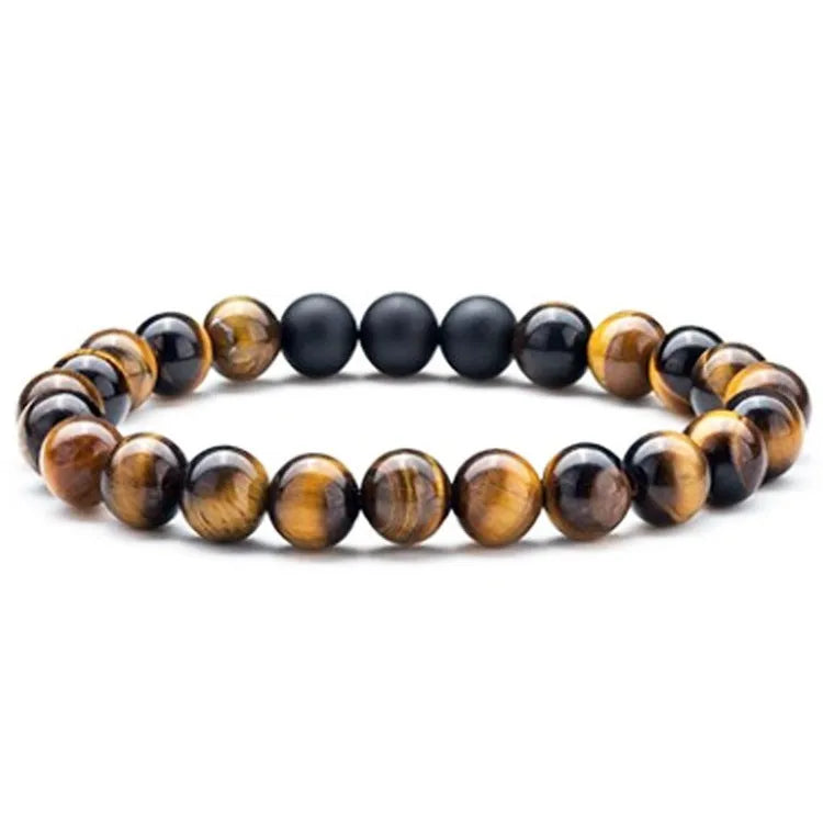 Geometric couple bracelets with tiger eye and matte black agate beads