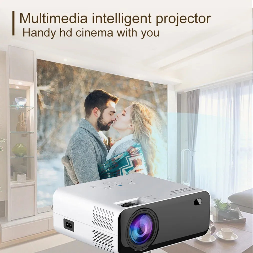 White LCD home office projector with manual focus and keystone correction on a desk