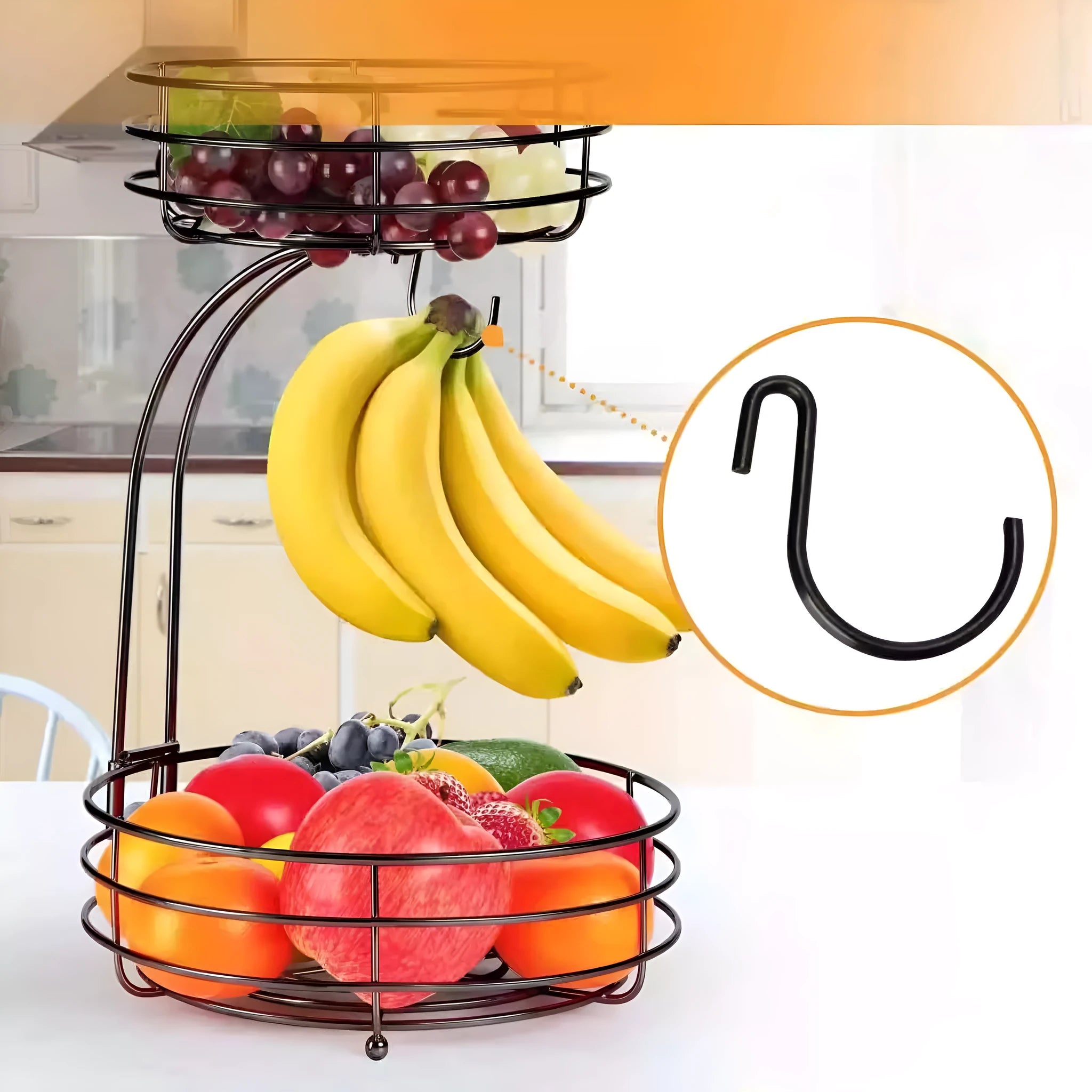 Black double-layer wrought iron fruit basket with two storage tiers and raised bottom plate