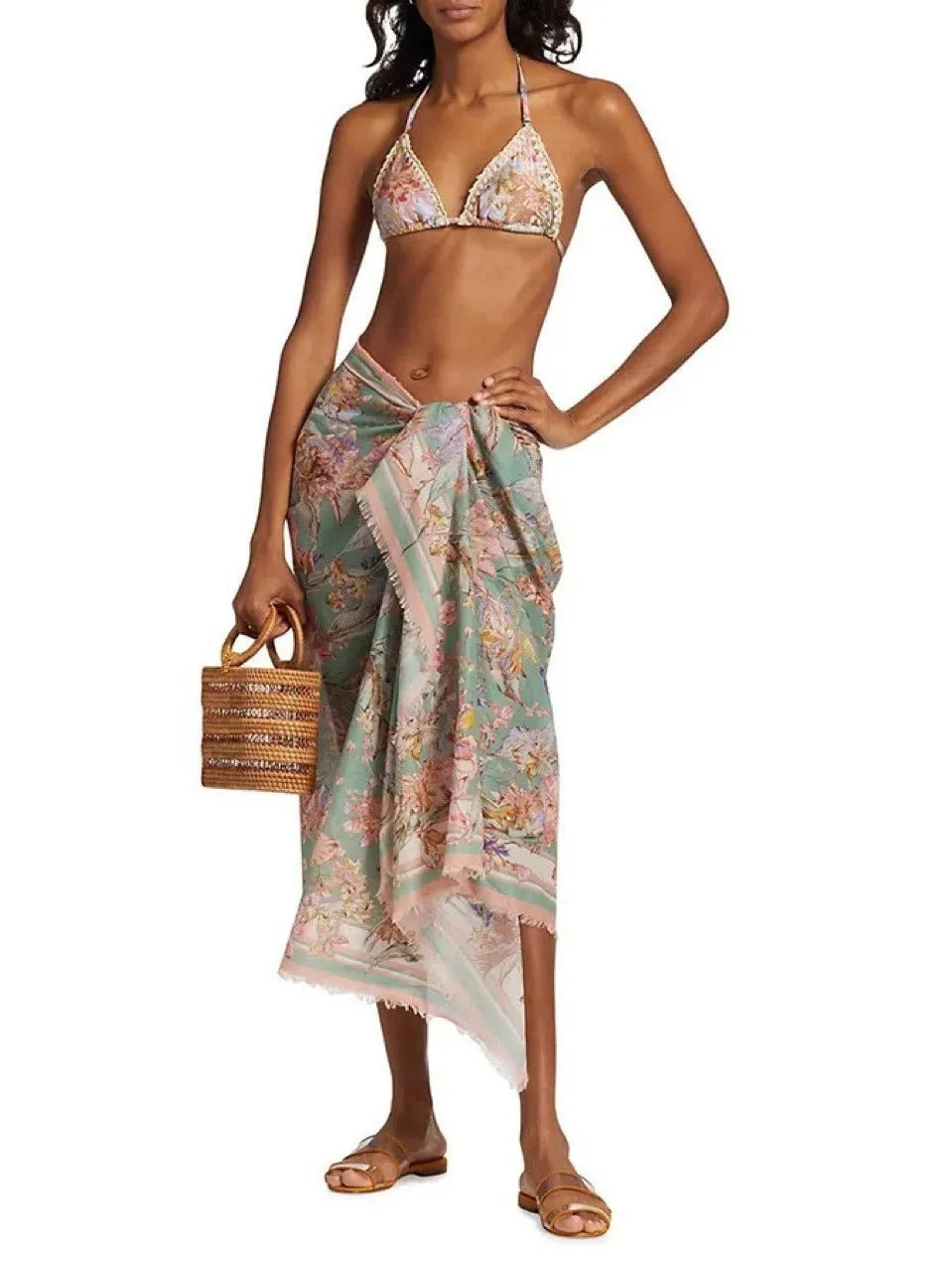 Women's floral pattern bikini set with skirt in creamy-white beige colour
