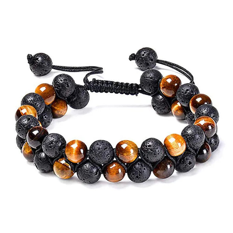 Geometric couple bracelets with tiger eye and matte black agate beads