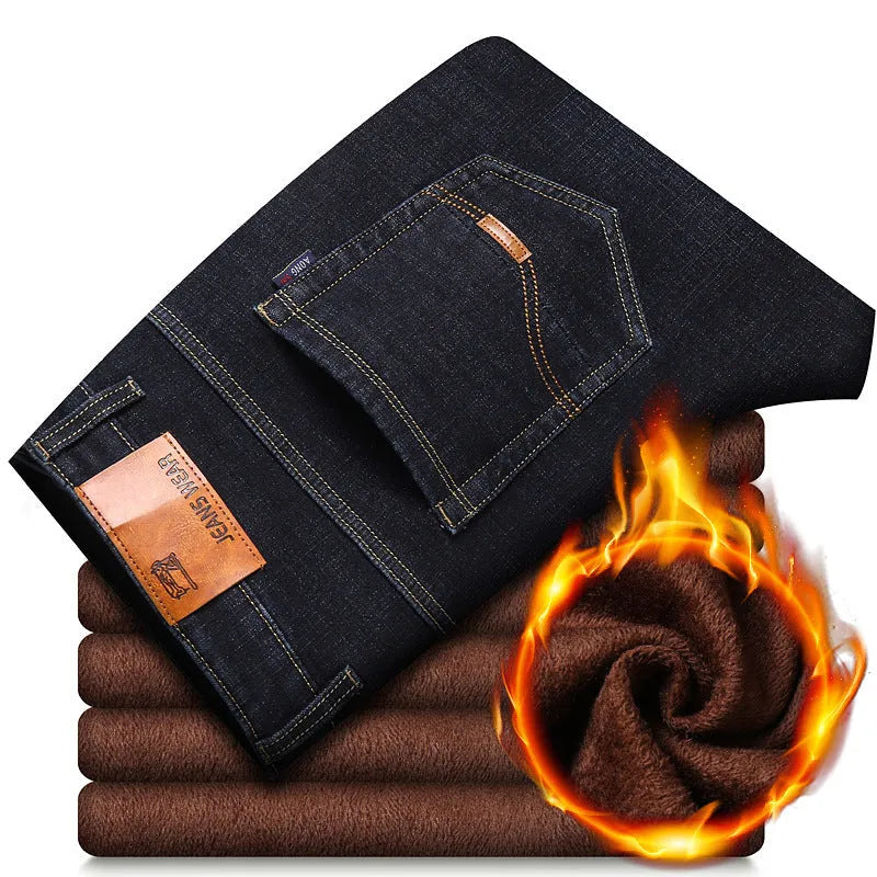 Men's thickened plush cotton jeans in black with straight tube leg and medium waist