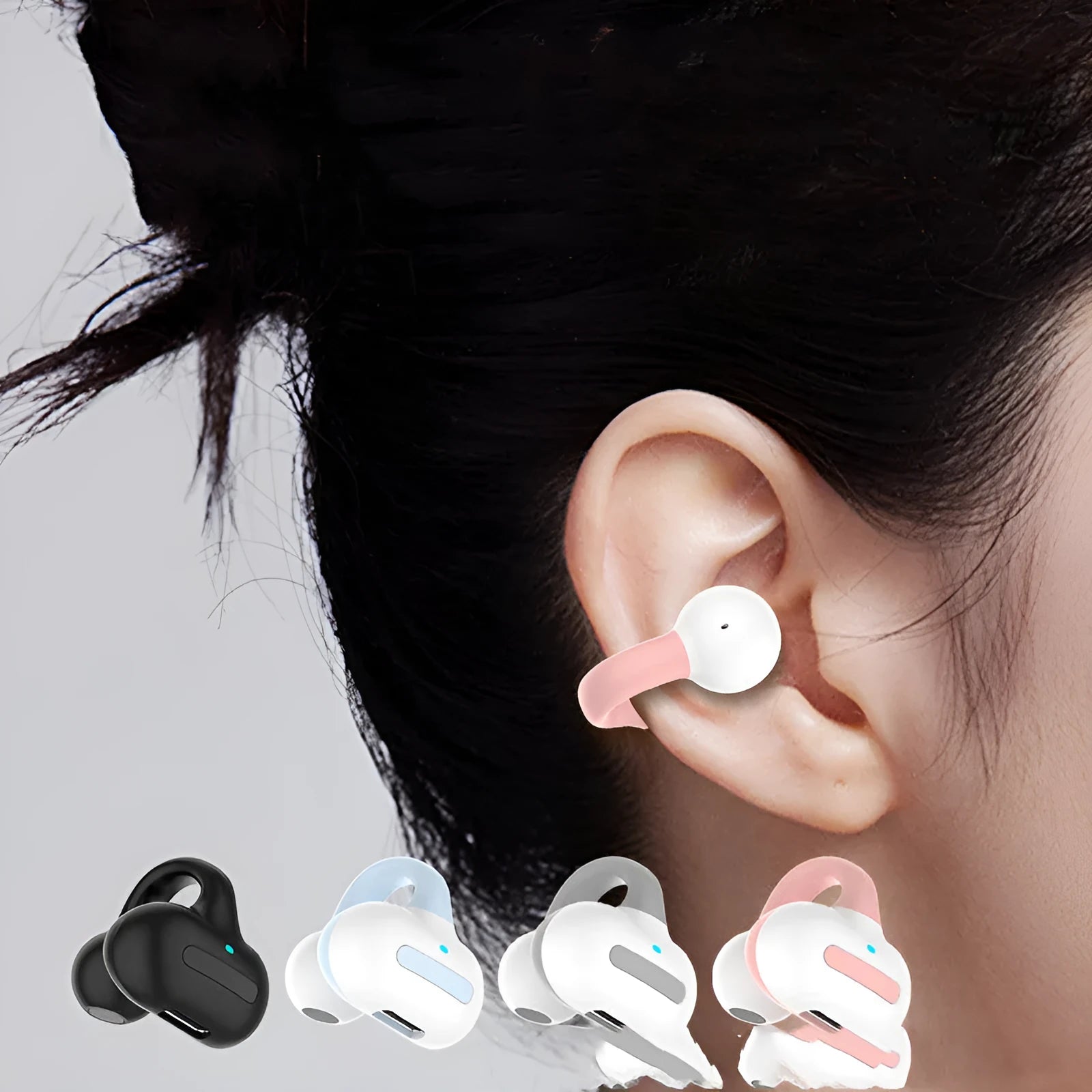 Clip-on Bluetooth headset earphones in black, white, pink, or blue colour options