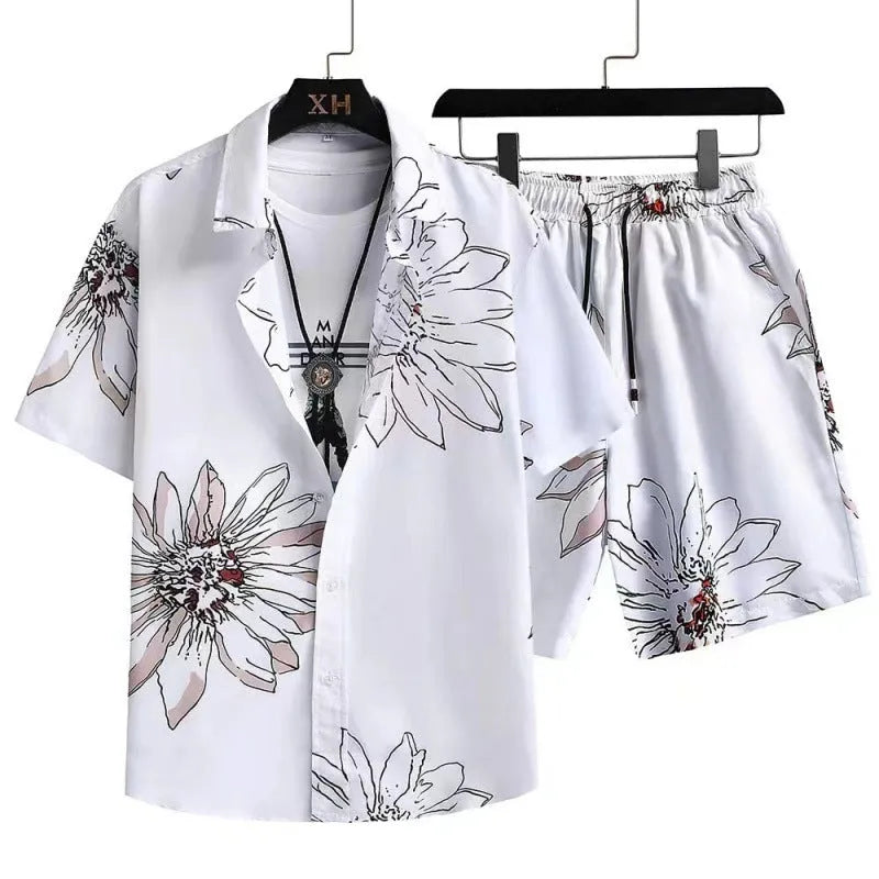 Man wearing a grey digital print short sleeve cardigan and matching shorts from a casual lounge suit set.
