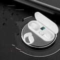 Wireless sports headphones with digital display charging case in black, hanging ear style