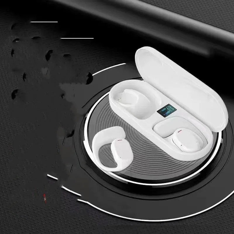 Wireless sports headphones with digital display charging case in black, hanging ear style