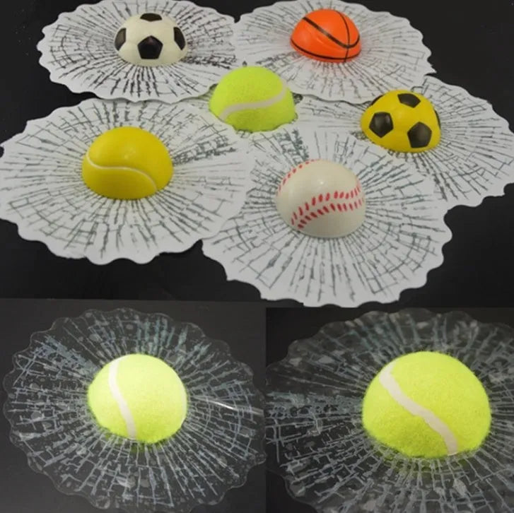 Set of 6 3D stereo car decals with basketball, football, tennis, baseball, and soccer ball designs on glass surface