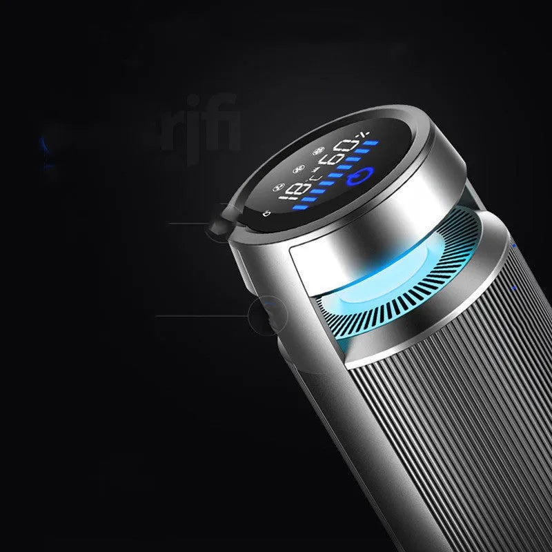 Aluminium alloy negative ion car air purifier with touch switch on a car dashboard