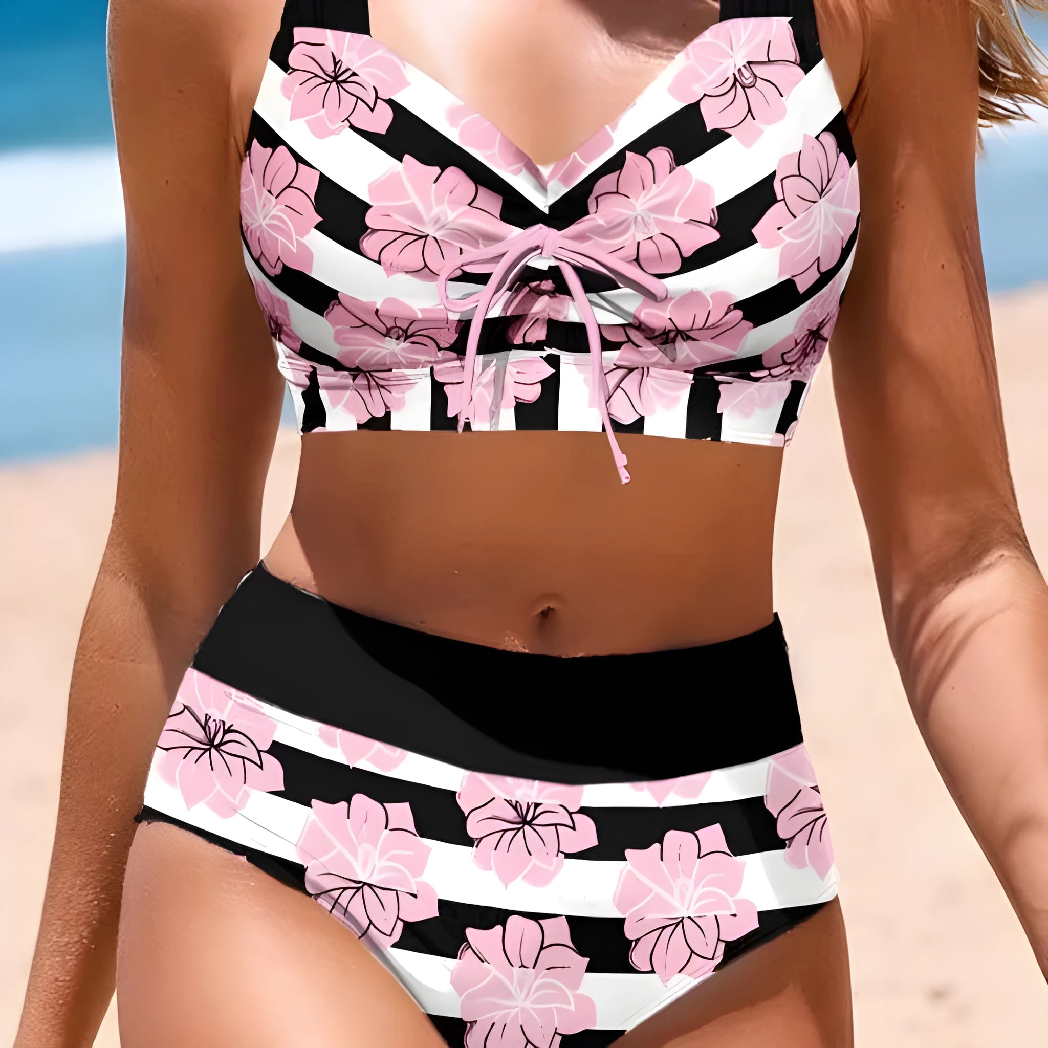 Black women's split bikini with printed belly coverage design for swimming