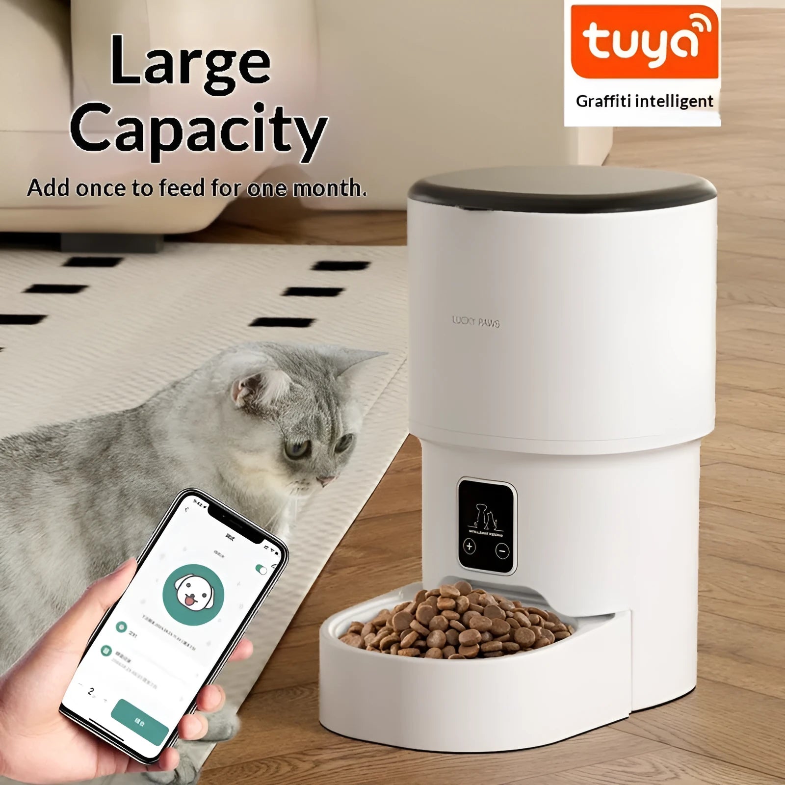 Pet automatic feeder with WiFi remote timed feeding, black or white, with stainless steel bowl option