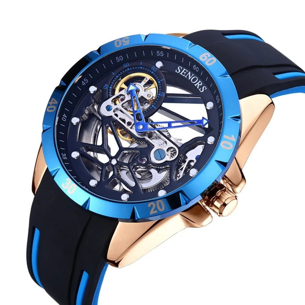 Men's automatic watch with hollow skeleton dial showing mechanical movement