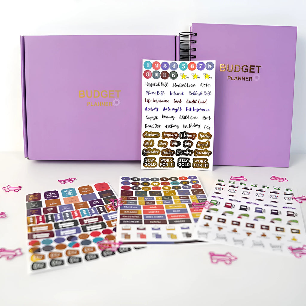 Purple A4 coil notebook for financial planning with budget pages, pen and accessories