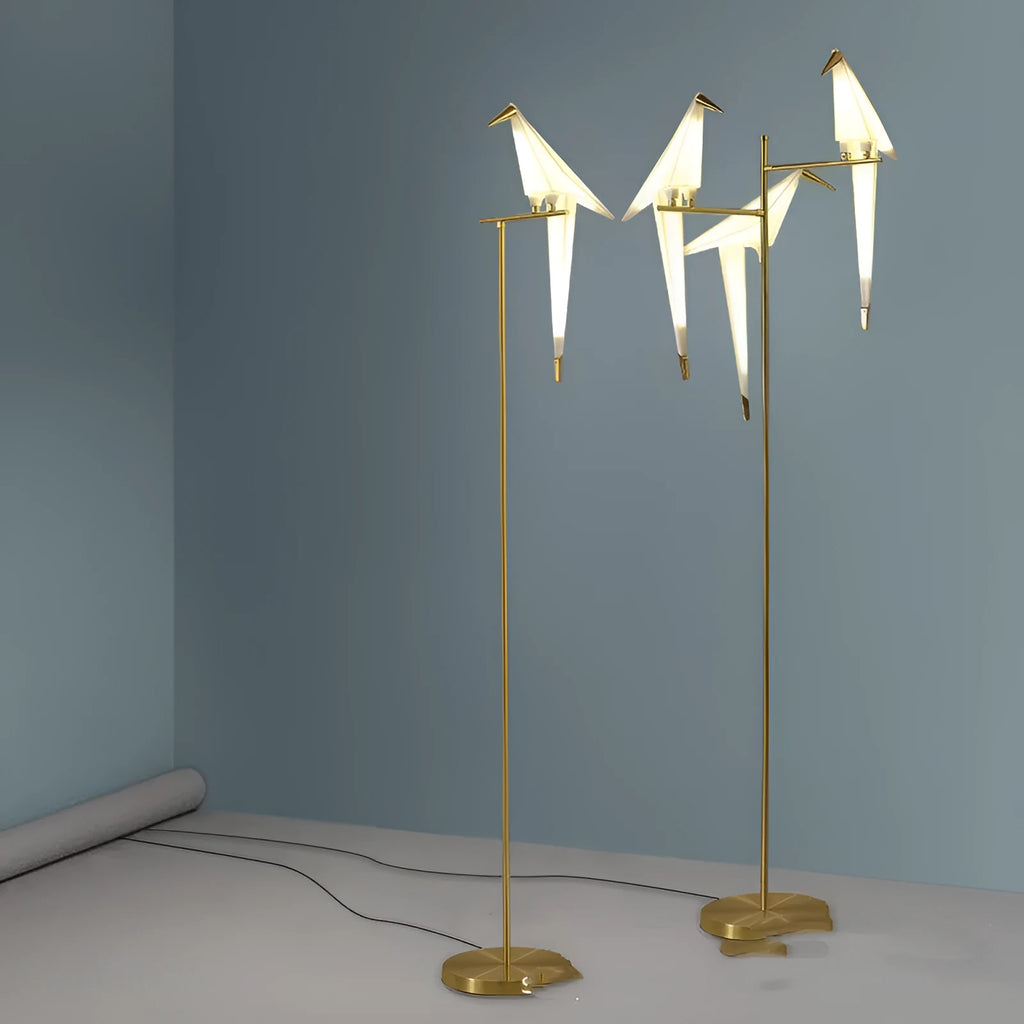 Paper crane lamp with iron lampshade, warm light, bird desk lamp on table.