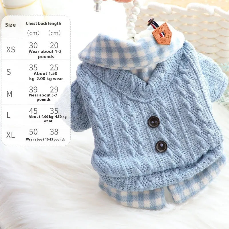 Blue wool plaid dog sweater with a fake two-piece collar design on a small dog.