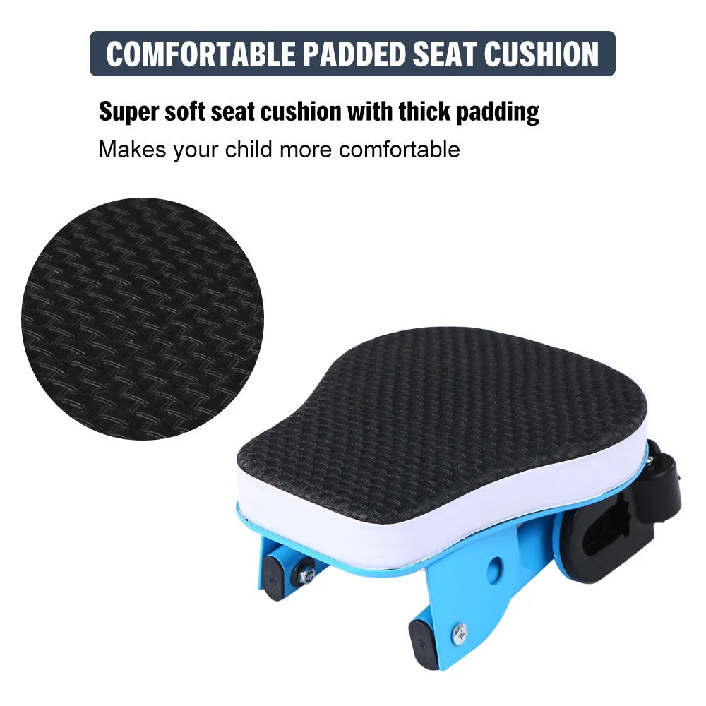 Front-mounted bicycle child seat with cotton tube cushion, foldable pedals, and 31.8mm quick-release clamp