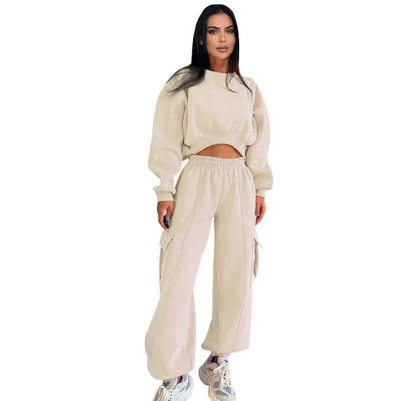 Women's casual round neck high waist sweatpants suit in solid colour with pocket, polyester fibre