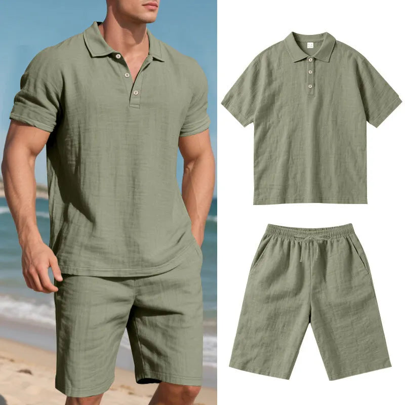 Men's loose linen blend summer suit set in apricot colour, showing short sleeve shirt and matching shorts.