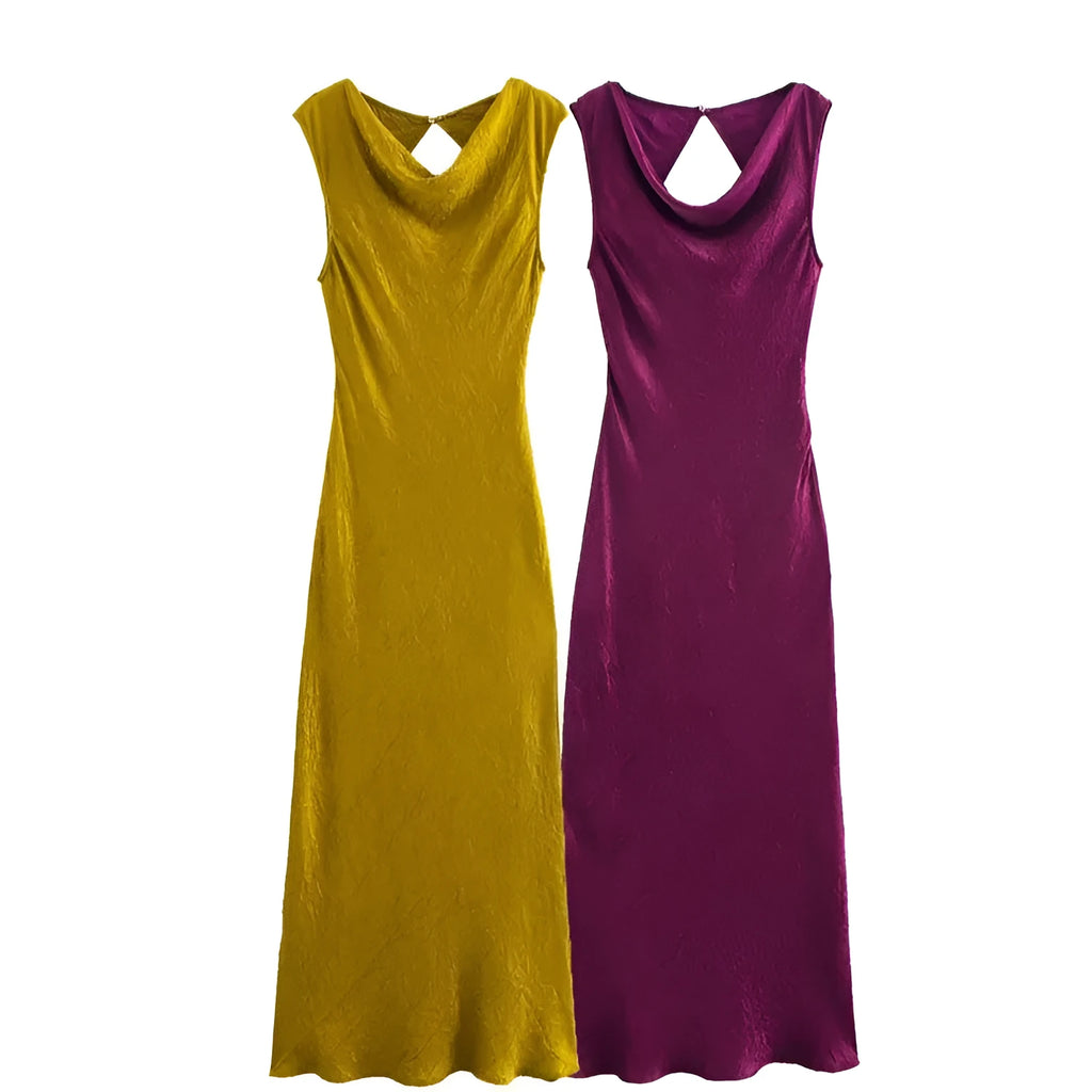 Sleeveless V-neck long dress in solid colour with lace-up front, pullover style, polyester fabric, women's street fashion