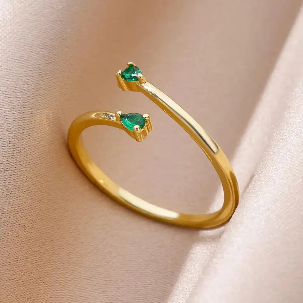 18K gold plated love emerald adjustable open mouth ring with synthetic zircon stone on copper base