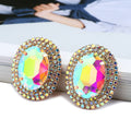 Women's oval rhinestone ear studs in eight colours including red, green, purple, black, white, pink, champagne, and AB finish