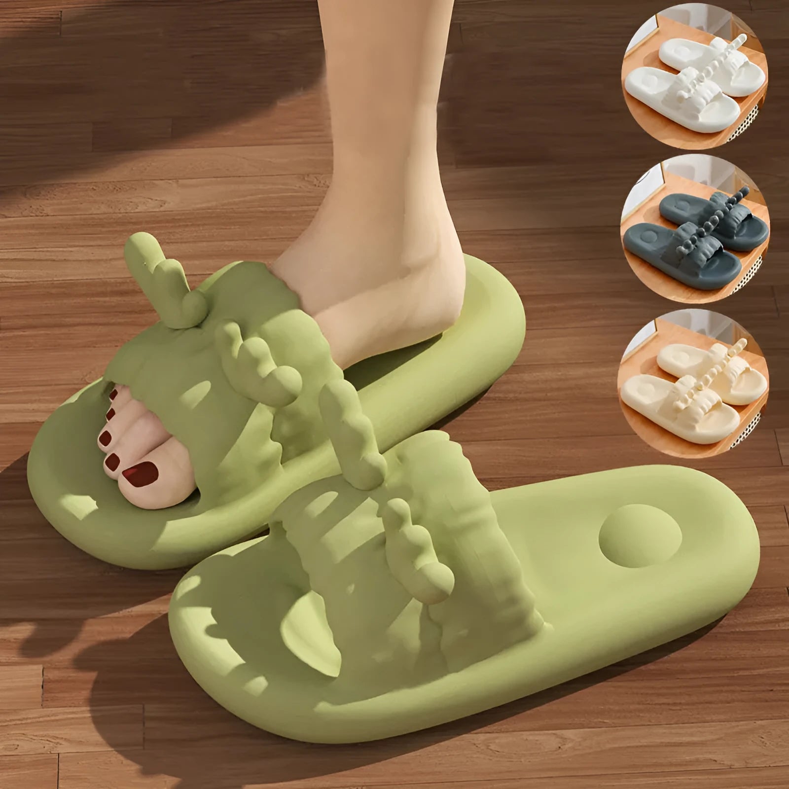 White EVA flip flop slippers with a cute deer horn design and a non-slip sole.