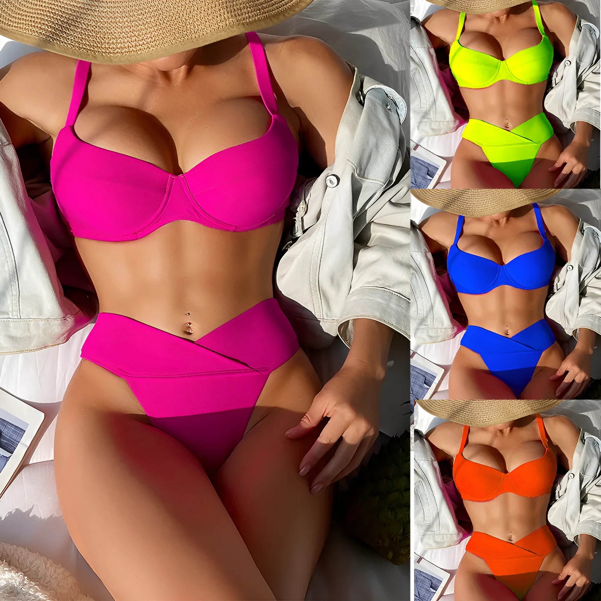 Women's solid colour bikini swimsuit in briefs style on a neutral background.