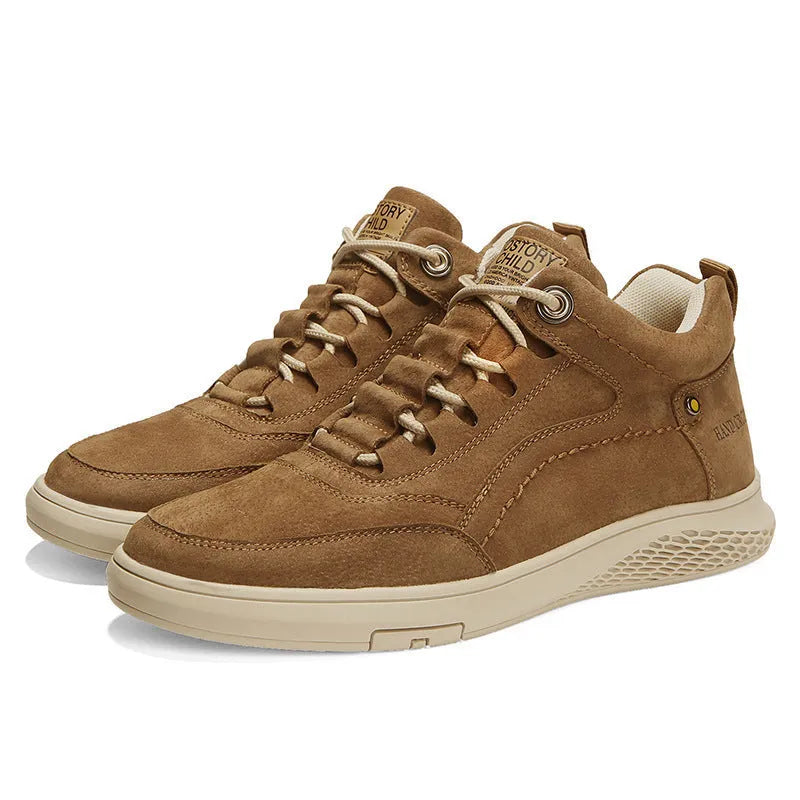 Men's leather sneakers in brown with cowhide upper, round toe, front laces, and low heel