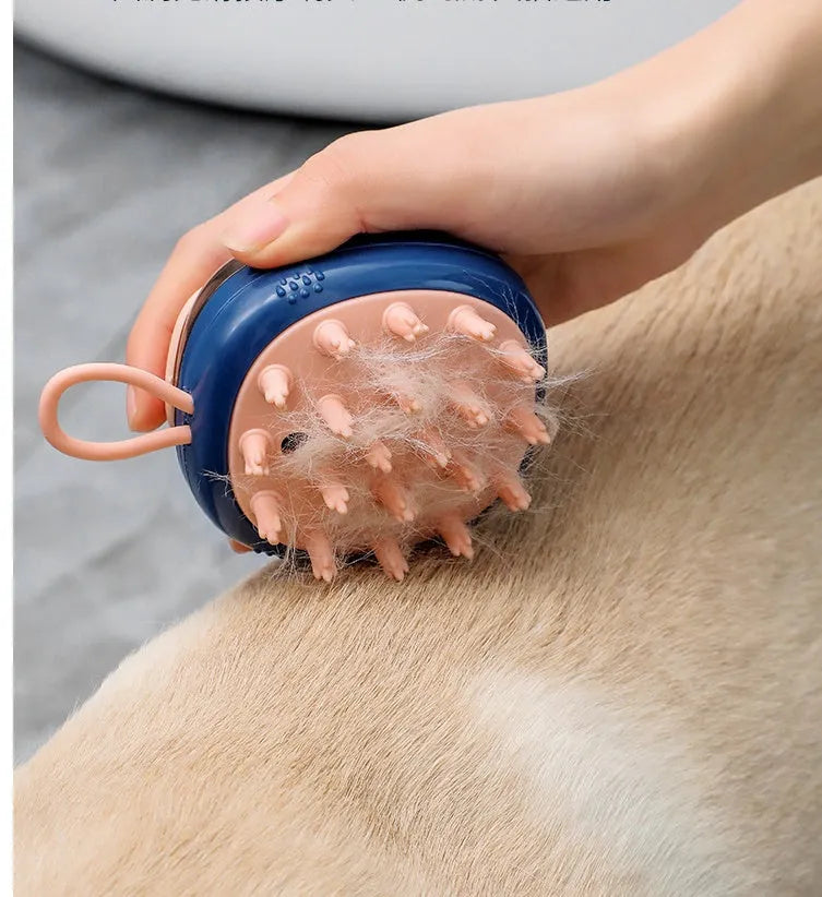 Blue pet bath brush and shampoo dispenser with soft silicone bristles and a hang hole