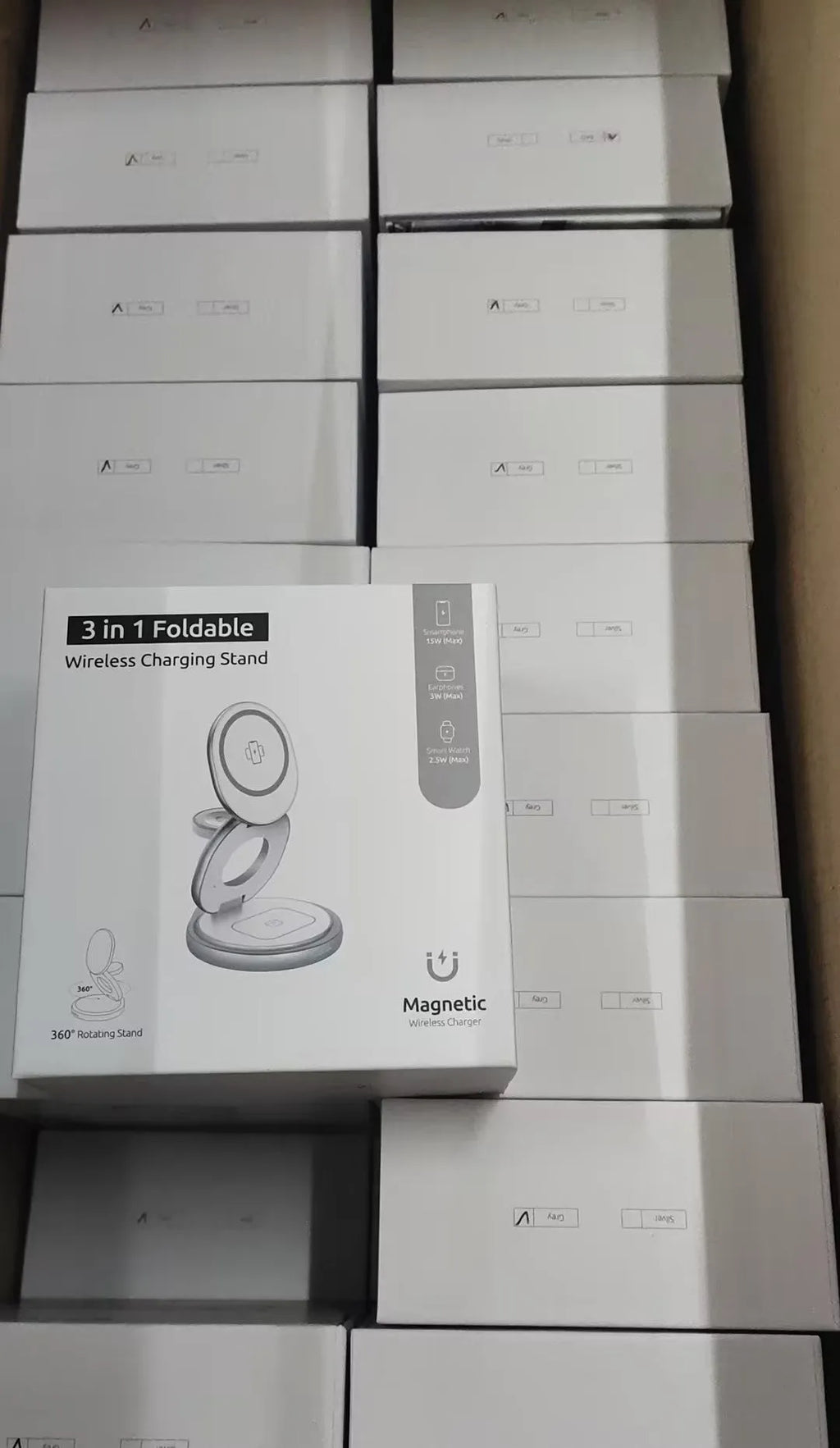 White three-in-one magnetic wireless charger with an iPhone, Apple Watch, and AirPods placed on it for simultaneous fast charging