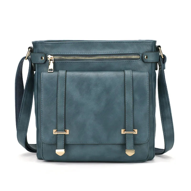 Women's large capacity PU leather business commute crossbody bag in peacock blue with multiple zip pockets and shoulder strap.