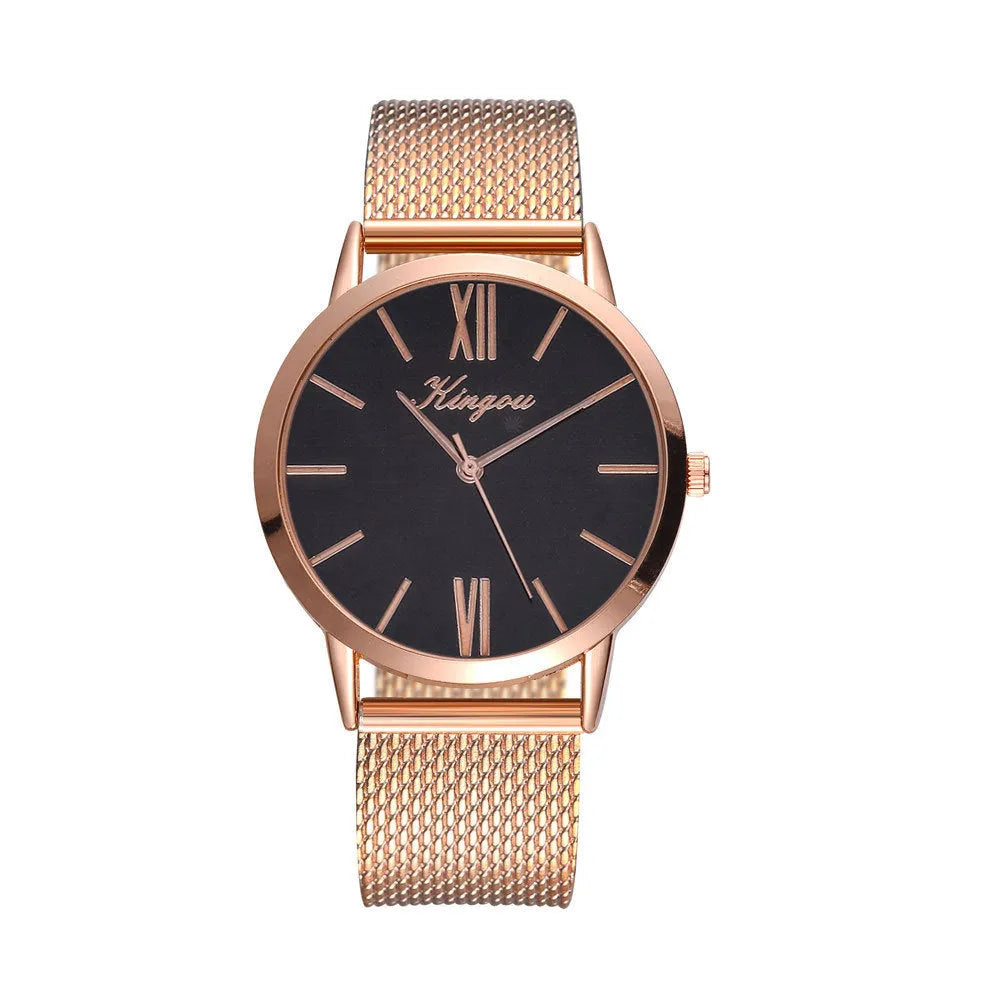Ladies casual quartz watch with 40mm round dial, plastic strap, and alloy case on white background