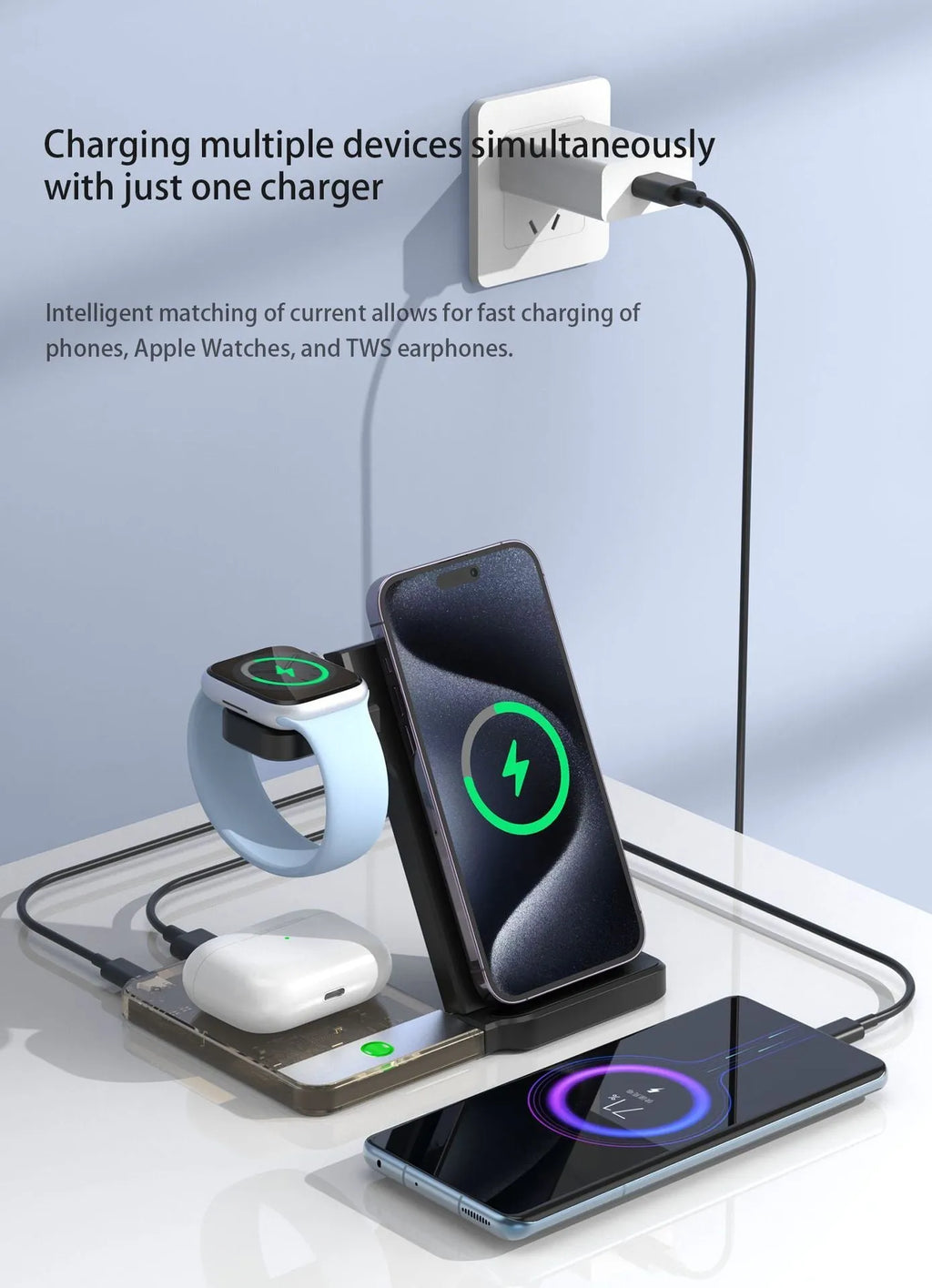 Foldable three-in-one wireless charging stand showing magnetic phone charger, Apple Watch dock, and earphone charging base