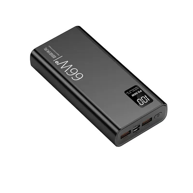 Black 50000 mAh 66W super fast charge power bank with plastic shell and USB Type-C cable on white background