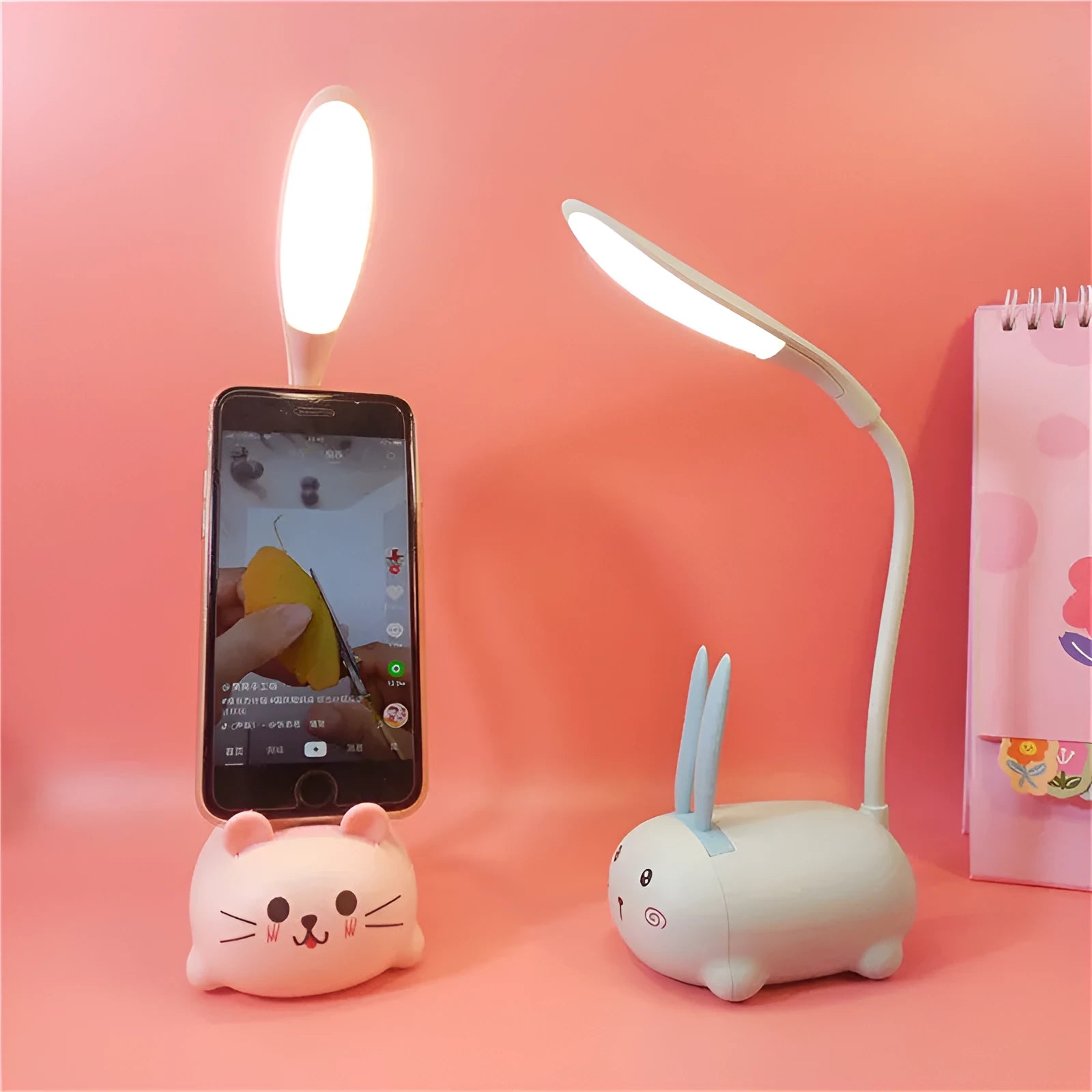 Cartoon USB learning table lamp with plastic shade and button switch, available in kitten colours