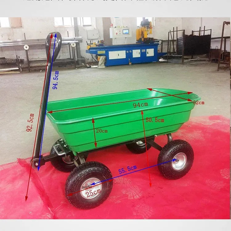 Green four-wheel plastic dump truck with steel PP construction and 350kg capacity