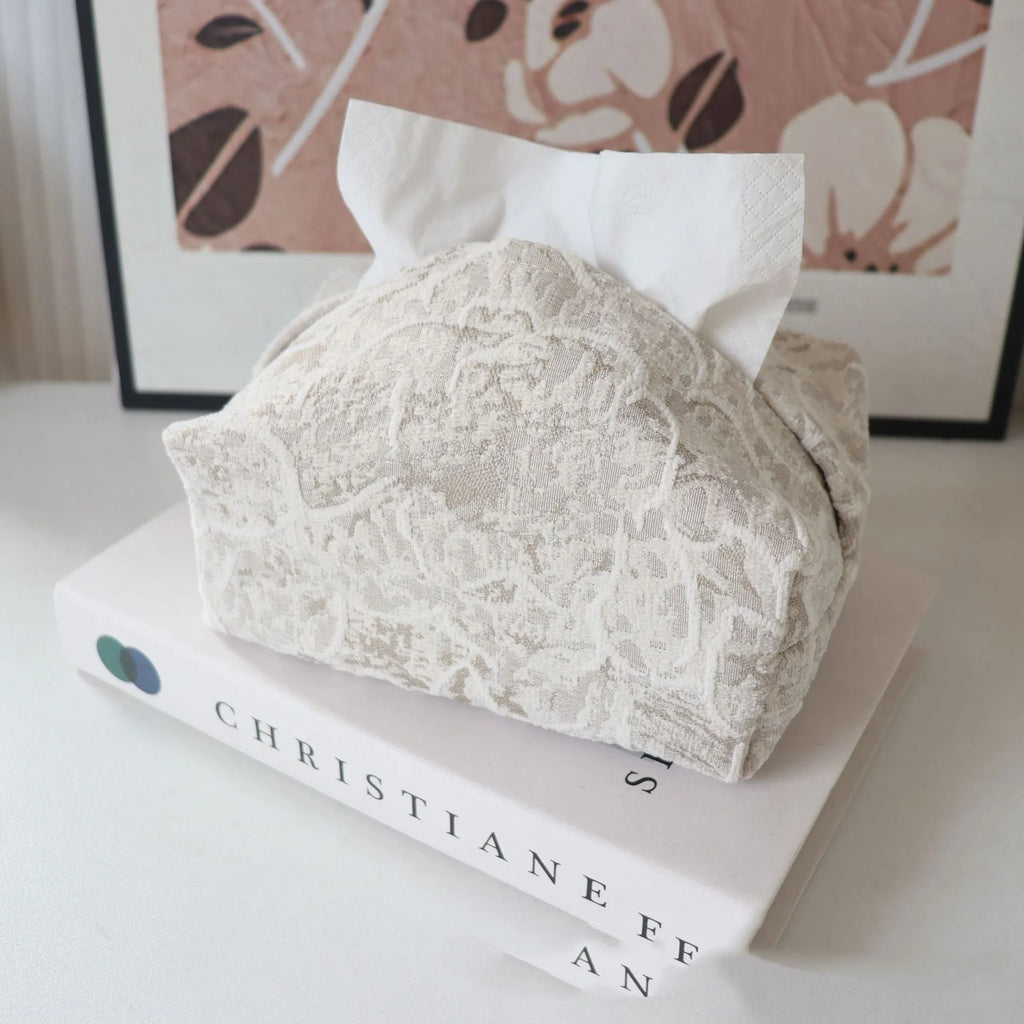 Pastoral style cotton fabric tissue box cover with rose detail in beige, blue, and brown.