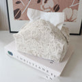 Pastoral style cotton fabric tissue box cover with rose detail in beige, blue, and brown.