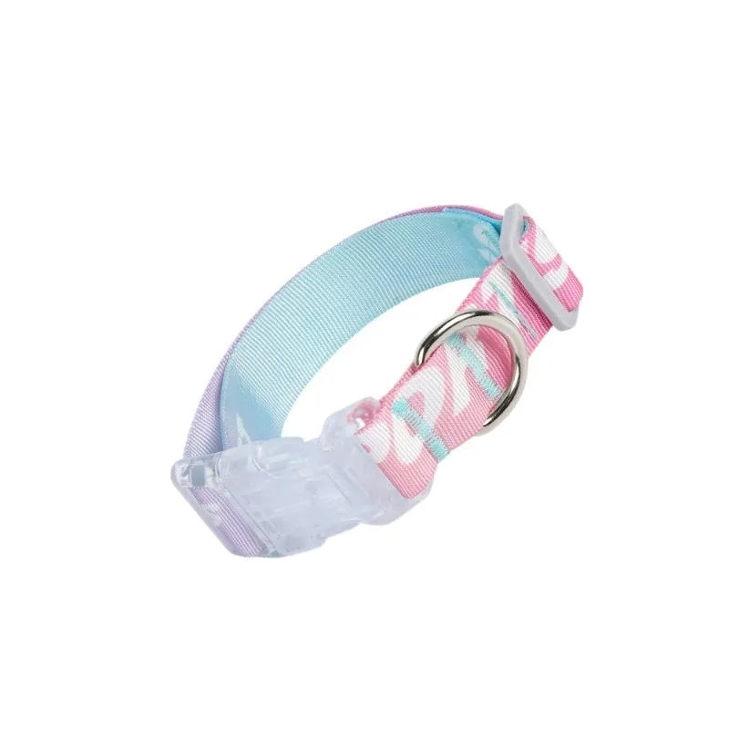 Adjustable nylon dog collar with blue gradient and cartoon panda print, showing plastic quick-release buckle and metal D-ring.