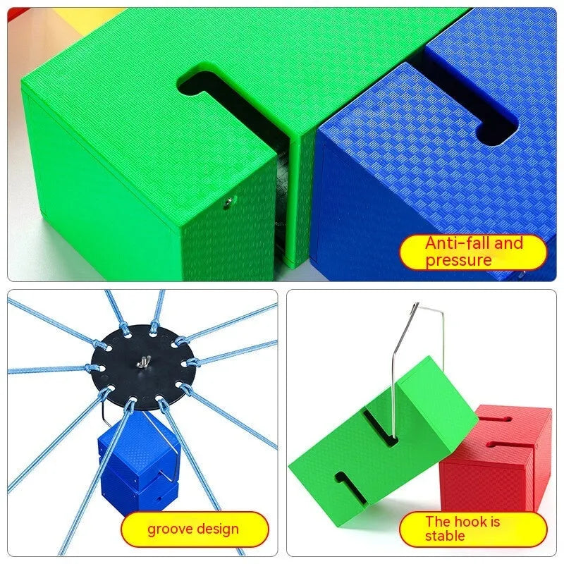 Team building game equipment with ABS plastic tower blocks and pull ropes for group collaboration challenges