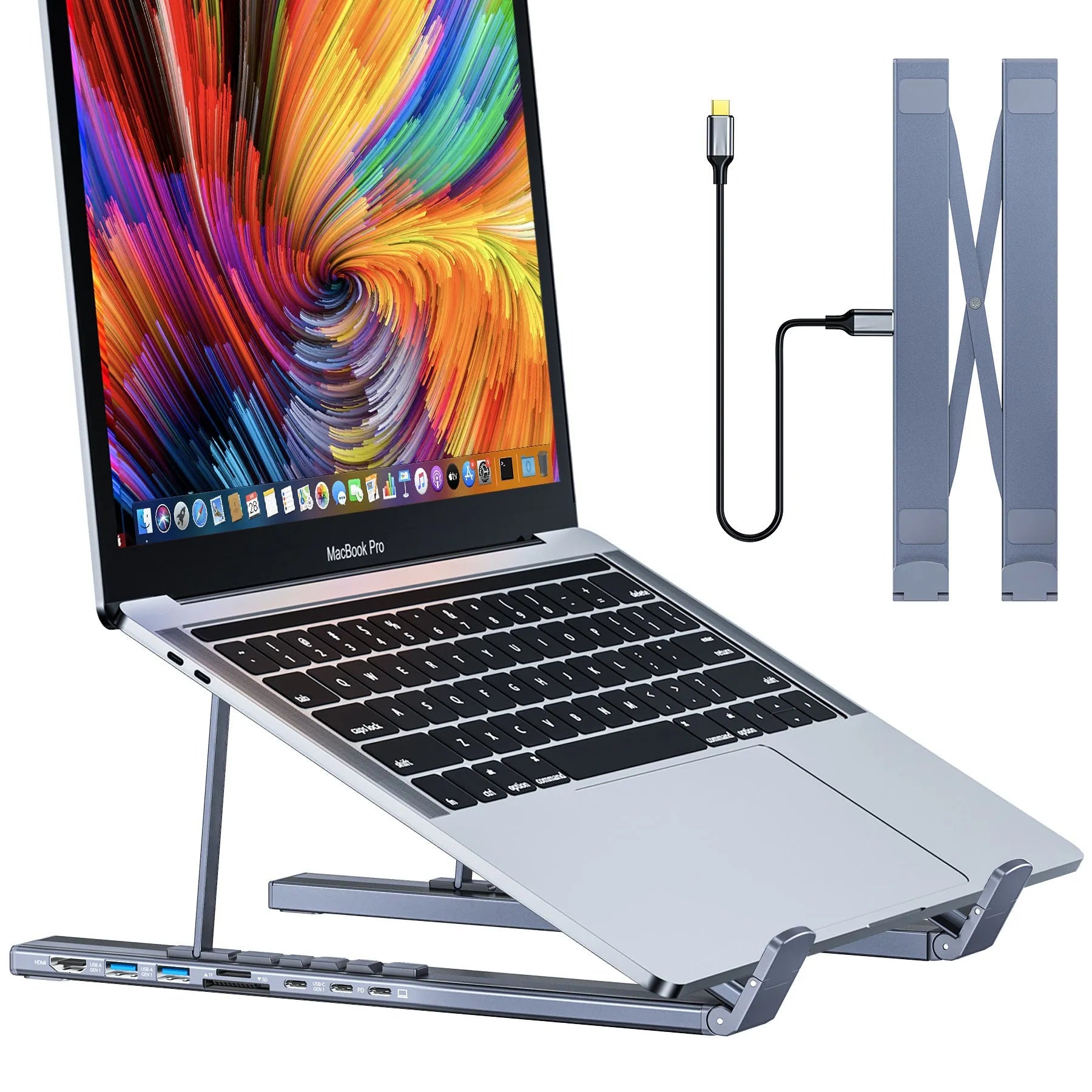 Silver aluminium folding laptop stand with integrated multi-port docking hub on a desk.