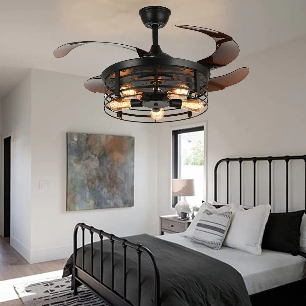 American retro styled ceiling fan lamp with integrated light and acrylic blades, shown with remote control.