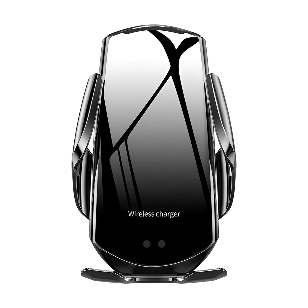 Smart infrared car wireless charger with automatic clamp in black, displaying Type-C port and indicator light
