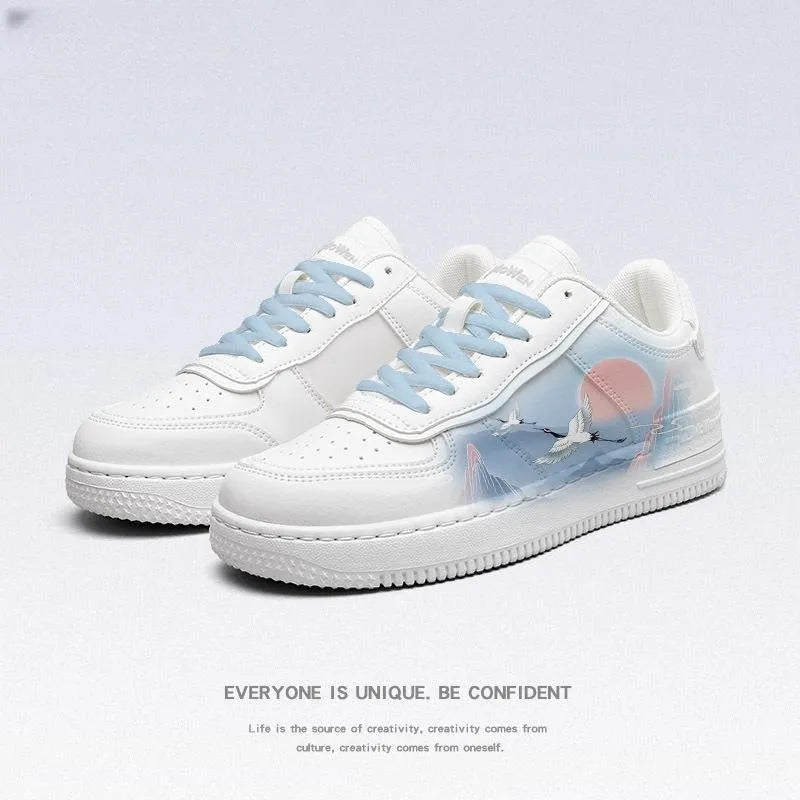 White crane board sneakers low top artificial PU cartoon style white with sky blue laces unisex spring shoes